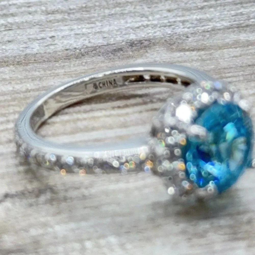 Sterling Silver Ring Sky Blue CZ Faceted Solitaire Halo Clear CZ Size 7.75 Prong - Picture 11 of 14